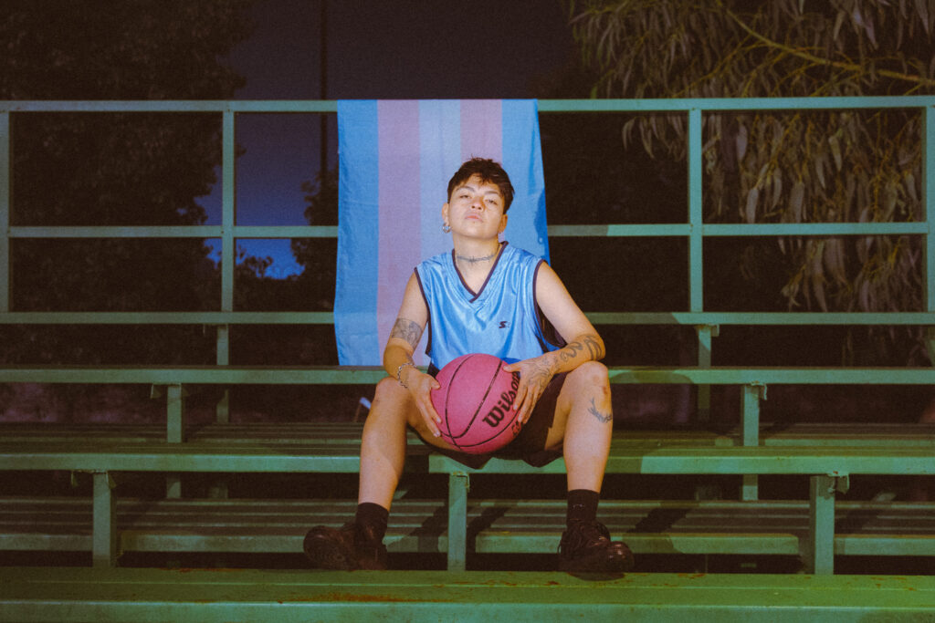 Portrait in the stands with basketball